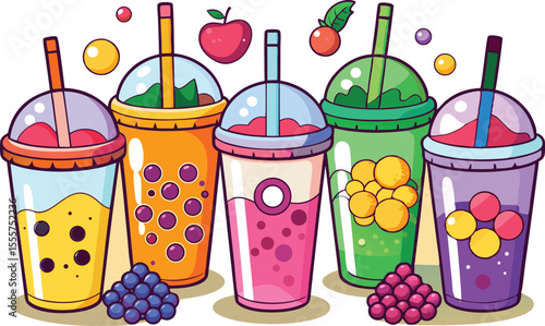 Colorful Cartoon Boba Tea Illustration with Fruit and Berry Accents