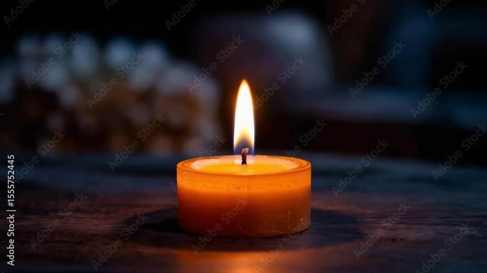 Warm glow illuminates a small orange candle flame in the darkness Warm glow illuminates a small orange candle flame in the darkness