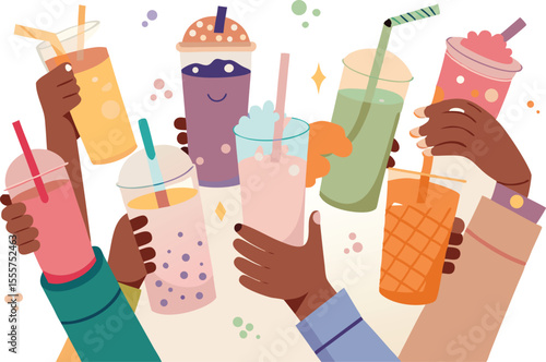 Diverse Hands Holding Colorful Boba Tea Drinks in a Celebration