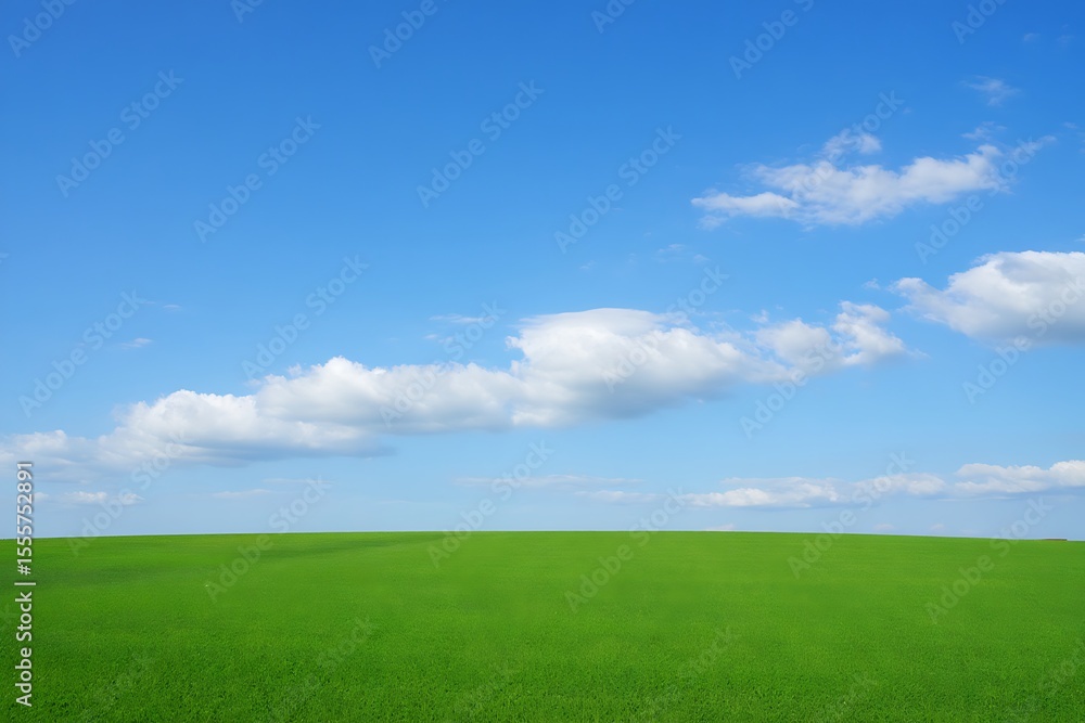 Fototapeta premium Vast Green Meadow Under a Brilliant Blue Sky with Wispy White Clouds