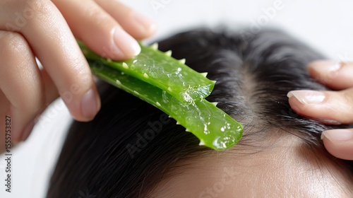 Close-up of fingers applying aloe vera gel to hairline, symbolizing natural scalp treatment, hair care remedy, and soothing botanical healing