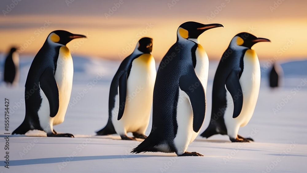 Fototapeta premium Penguins enjoying peaceful snowy terrain surrounded by cold air and frozen environment