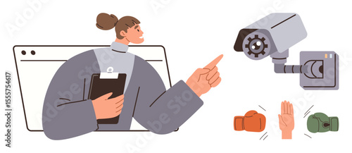 Woman holding clipboard, pointing at surveillance camera. Boxing gloves and raised hand symbolizing security, conflict, and consent. Ideal for safety, monitoring, privacy, security mediation