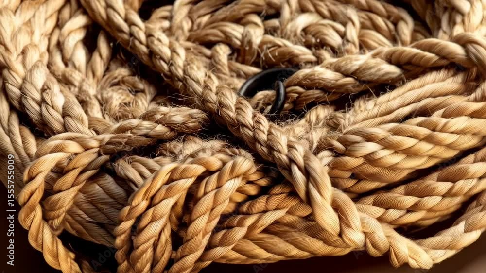 Close-up macro of natural tan rope, braided and knotted tightly, with a metal ring. Detailed texture and intricate pattern of the natural fiber strands. Close-up macro of natural tan rope, braided and knotted tightly, with a metal ring. Detailed texture and intricate pattern of the natural fiber strands.
