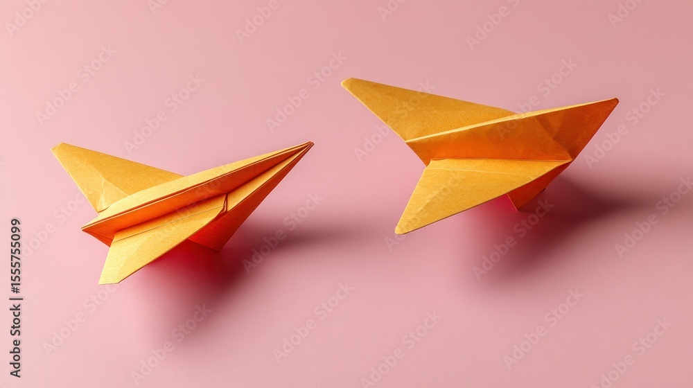 Fototapeta premium Two origami airplanes, light orange, on pink background