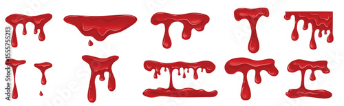 Dripping blood set on a white background. Flowing red liquid, red viscous slime. Vector cartoon illustration.
