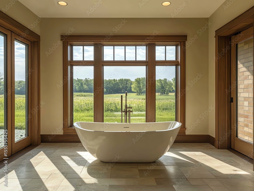 Modern Freestanding Bathtub in Bright Room with Large Windows Overlooking Green Fields Modern Freestanding Bathtub in Bright Room with Large Windows Overlooking Green Fields