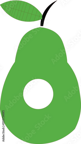 A green avocado with a leaf and a white circle pit