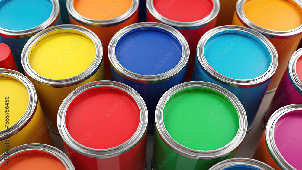 Fototapeta premium Vivid and vibrant array of colorful paint cans perfect for creative projects and home improvement endeavors.