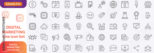 Digital marketing and line icons set. Marketing & Search Engine Optimisation outline icons collection. Website, search, mail, analysis, content, strategy, development, stock vector. Line icon set.....