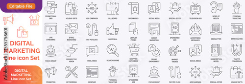 Digital marketing and line icons set. Marketing & Search Engine Optimisation outline icons collection. Website, search, mail, analysis, content, strategy, development, stock vector. Line icon set.....