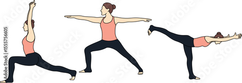 Female Yoga Warrior and Balance Poses Collection. Woman Practicing High Lunge, Warrior II, and Warrior III Yoga Asanas. Ideal for yoga class, tutorials, fitness, meditation, and wellness designs