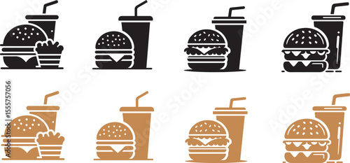 Vector Silhouette of Burger and Soft Drink Combo in Minimalist Style, Perfect for Fast Food, Restaurant, and Menu Design Concepts – Black and White Illustration