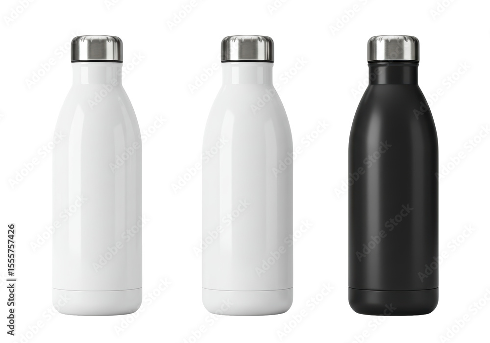 Isolated Collection of Sleek Modern Reusable Water Bottles in Black and White Isolated Collection of Sleek Modern Reusable Water Bottles in Black and White