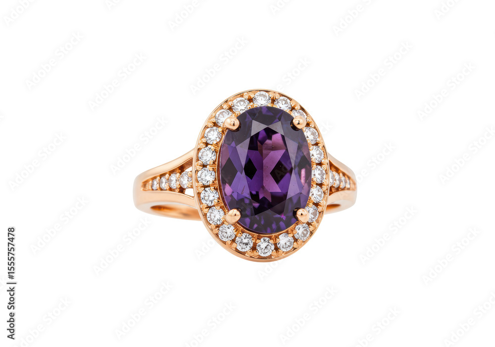 Isolated Elegant Gold Ring with Oval Purple Amethyst Gemstone Isolated Elegant Gold Ring with Oval Purple Amethyst Gemstone
