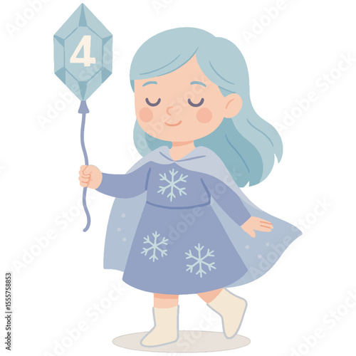 Ice Princess Girl Holding Diamond-Shaped Number 4 Balloon