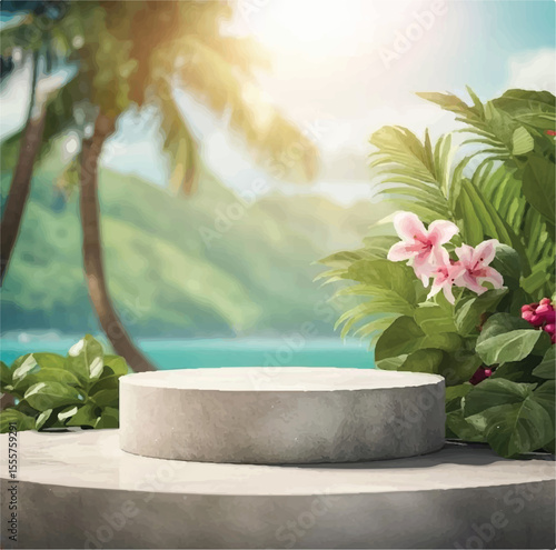 Minimal Nature Podium with Green Leaves – Free High-Res Photo | Stone Pedestal in Forest Background – Download Natural Product Scene | Wooden Podium with Tropical Plants – Free Nature Background Photo