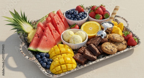 Colorful Summer Fruit Platter with Ice Cream and Brownies