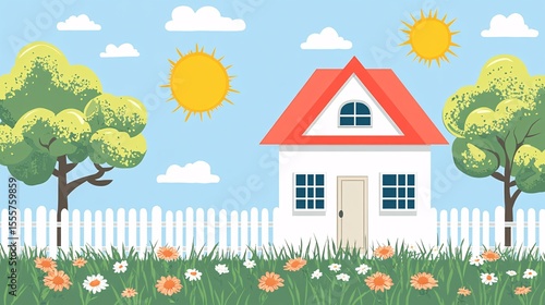 A charming illustration depicts a house with a red roof, trees, and a sunny sky.