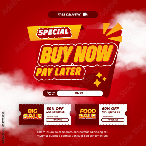 Buy Now Pay Later Special Sale discount deals Exclusive Red gradient Editable text effect Pop up with special voucher Marketing banner