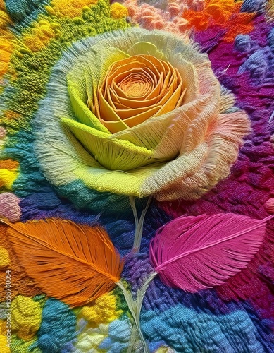 Captivating abstract rose bloom crafted from a tapestry of colorful threads, showcasing a rich textile texture and an explosion of rainbow hues, celebrating artistic expression.
