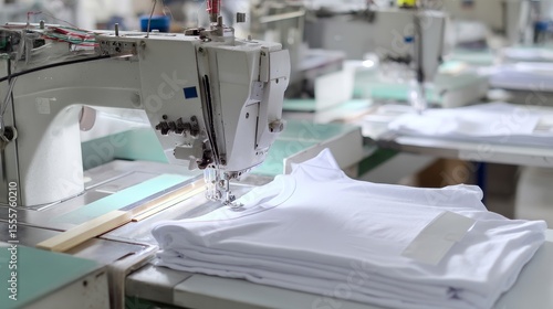 Describe the step-by-step process of sewing a t-shirt from fabric cutting to final packaging on the assembly line. 