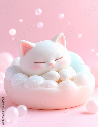 Adorable White Cat Taking a Relaxing Bath in a Cloud of Bubbles A Cute and Calming Image
