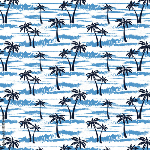 Stylized palm trees in a pattern.Vector seamless pattern with stylized palm trees and sea on a white background.