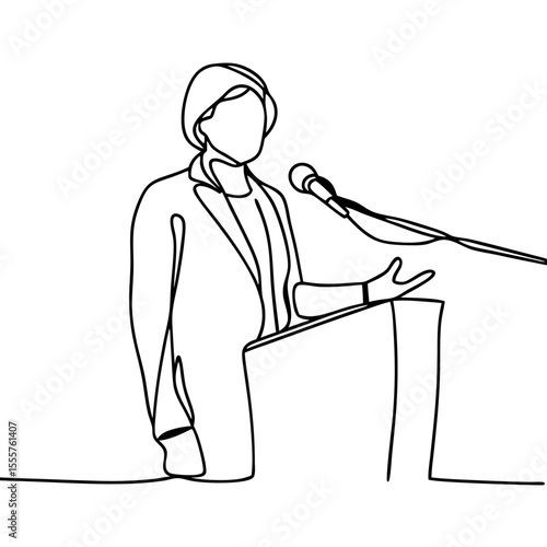 Person giving presentation at podium, single continuous line drawing. Speaker confidently delivering speech, microphone and lectern shown. Elegant line art style ideal for business presentations.