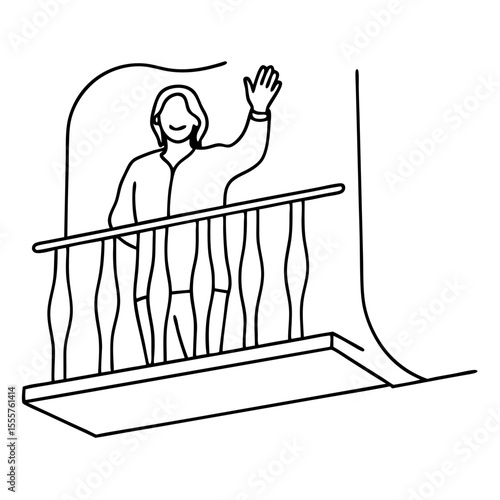 Person waving from balcony line art illustration. Simple line drawing depicts person standing on balcony railing, waving hand in greeting.  Elegant line art suitable for greeting cards.