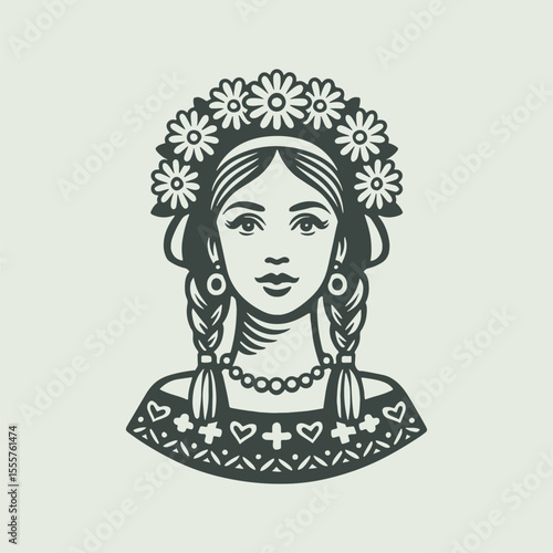 Beautiful young swedish woman in traditional clothing. Retro vector illustration suitable as a logo, for textile printing or advertising of all kinds.
