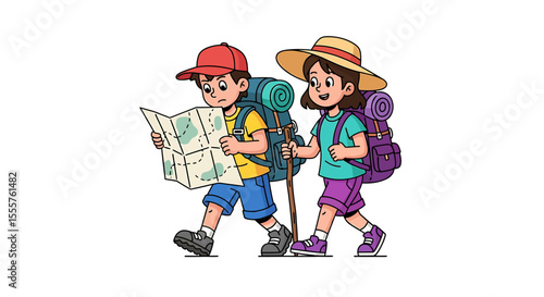 Two Cartoon Hikers with Backpacks and Map, Walking Together