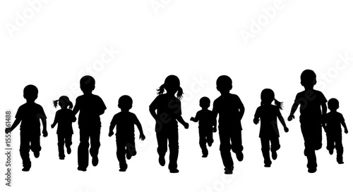 Silhouettes of Children Running, Energetic Group of Kids in Motion