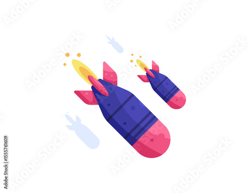 illustration of missiles falling. rocket fire. nuclear missiles flying. war weapons and bombs. flat style design. white background. element assets