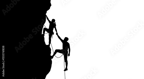 Silhouette of Two Climbers Ascending a Rock Face with Ropes and Harnesses