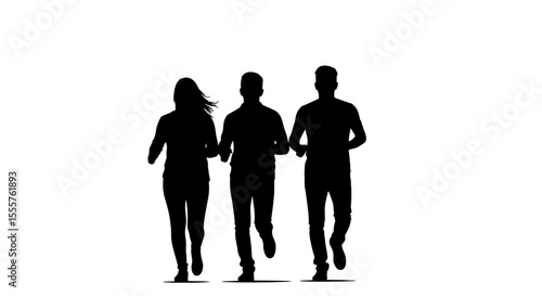 Silhouettes of three people jogging together, woman and two men in casual attire, dynamic running pose.
