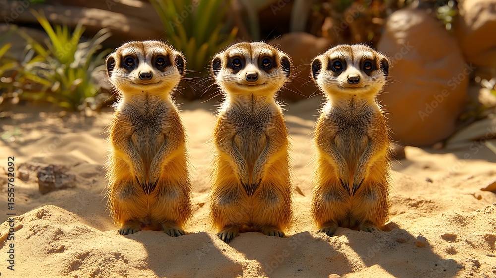 Fototapeta premium Adorable Meerkat Trio Standing Alert on Sandy Terrain with Sunny African Day.