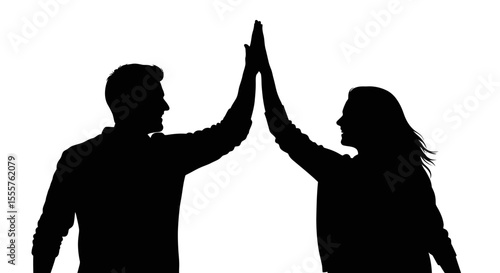 Silhouette of Man and Woman High-Fiving in Celebration, Success, and Teamwork