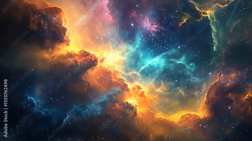 Naklejka premium Vibrant cosmic clouds shimmer with celestial light, creating a mesmerizing nebula in the dark expanse of outer space.