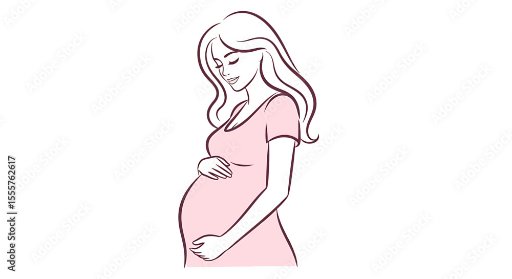Elegant Pregnant Woman Illustration in Pink Dress with Hands on Belly Elegant Pregnant Woman Illustration in Pink Dress with Hands on Belly