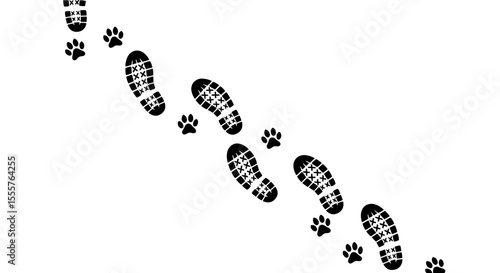 Shoe and Paw Prints on a White Background, Diagonal Pattern