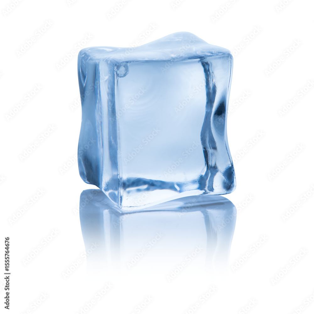 Ai generated image of a single ice cube is isolated on a transparent background, its reflection visible below Ai generated image of a single ice cube is isolated on a transparent background, its reflection visible below