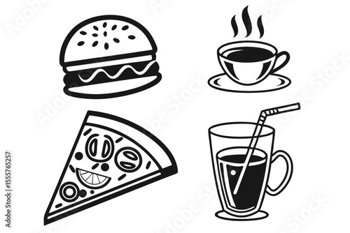 Burger pizza coffee and soda icons isolated on white background