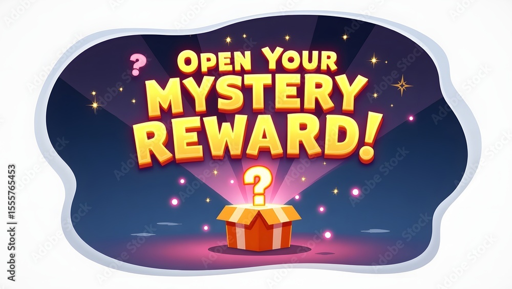 Fototapeta premium Vector illustration with “Open Your Mystery Reward!” message, glowing gift box, question mark, sparkles and light rays. Bright flat design on white background. Great for games, surprises, and promos.