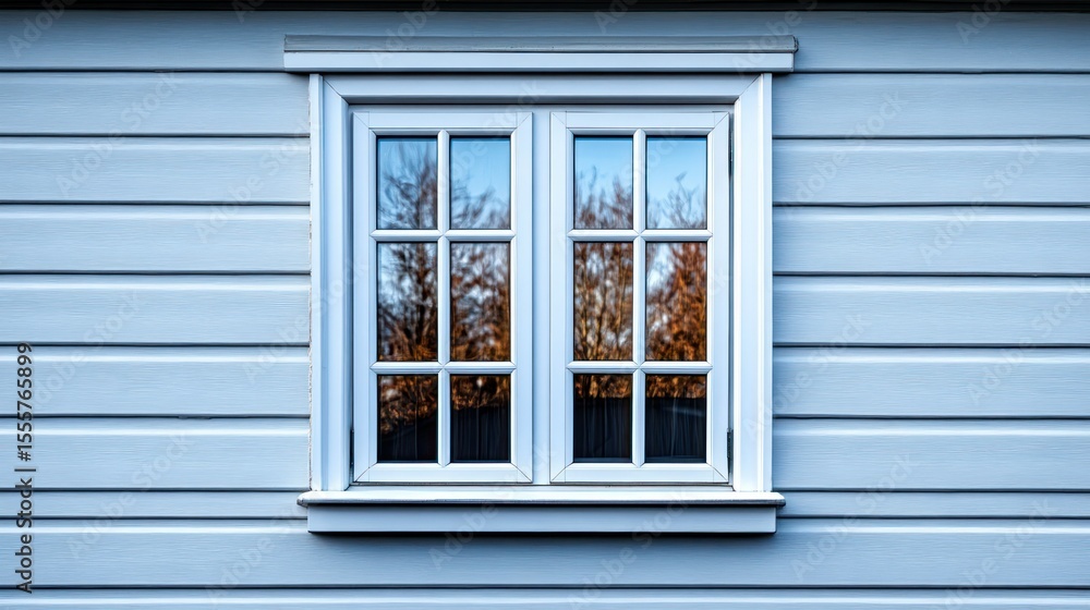Fototapeta premium White window on light blue siding