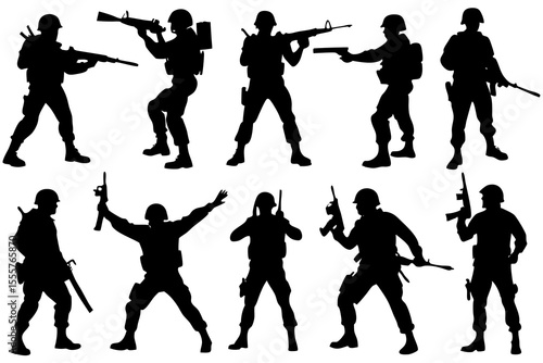 Silhouettes of Soldiers in Various Poses with Weapons