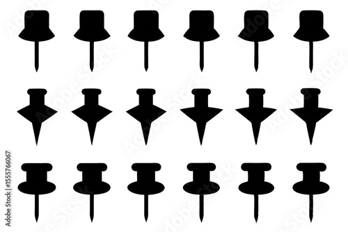 Black Push Pins Icon Set, Various Shapes, 18 Pins