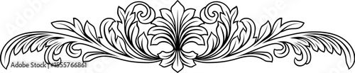A filigree heraldic crest calligraphic motif, floral pattern horizontal divider design element. Original design in a vintage style.