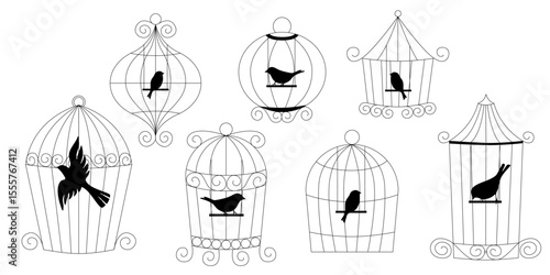 Hand drawn vector set of bird cages in doodle style simple metal cage sketch collection for home use line art illustration isolated vintage pet house
