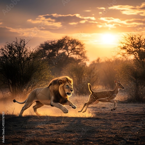 Dramatic Pursuit in the African Savannah Lion Chasing Spotted Deer Under a Golden Sunset in a Wild Landscape